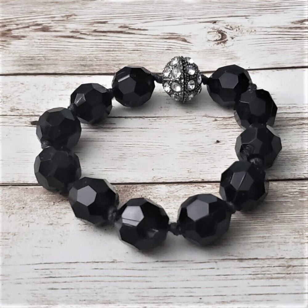 Vintage Bracelet Chunky Black Beads Silver Tone & Clear Gems